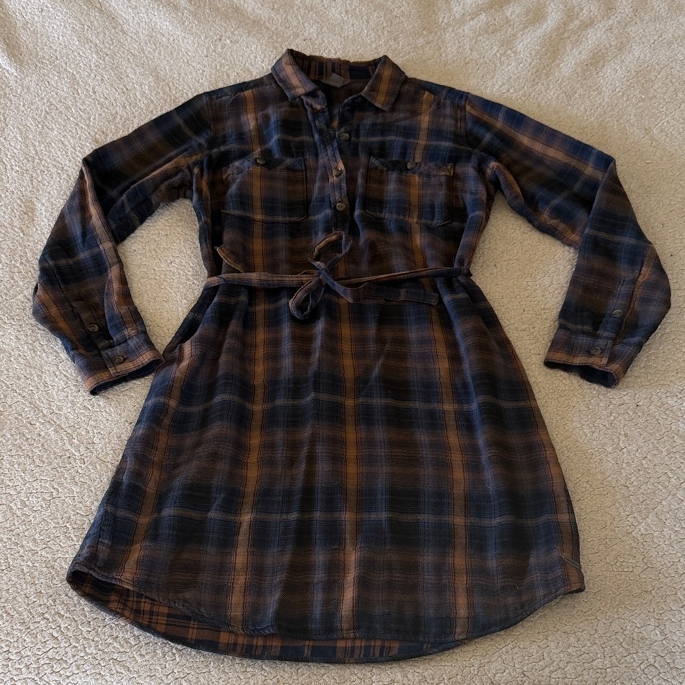 Eddie Bauer 100% Cotton Navy & Brown Plaid Midi Shirt Cottage core Dress 8